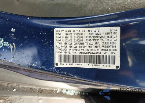 2004 Honda Cr-V Ex из США, поврежденный, VIN SHSRD788X4U249551